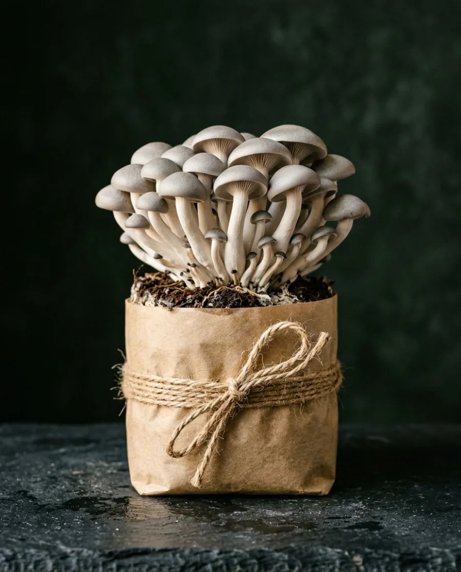 Silver Shimeji mushrooms growing from a kraft substrate block