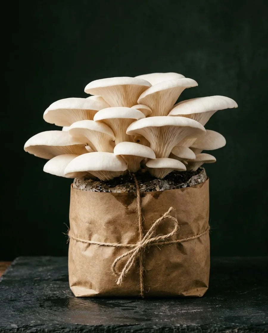 Snow White Oyster mushrooms growing from a kraft substrate block