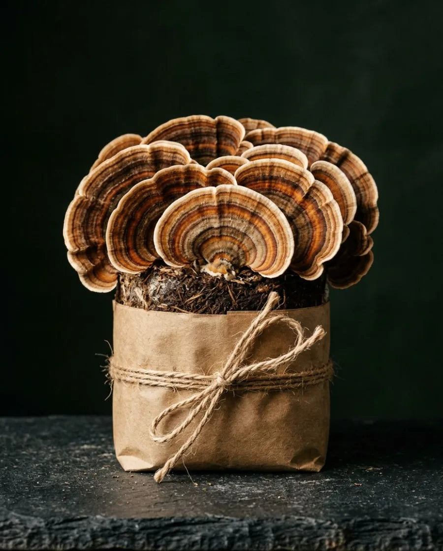 Turkey Tail mushrooms growing from a kraft substrate block