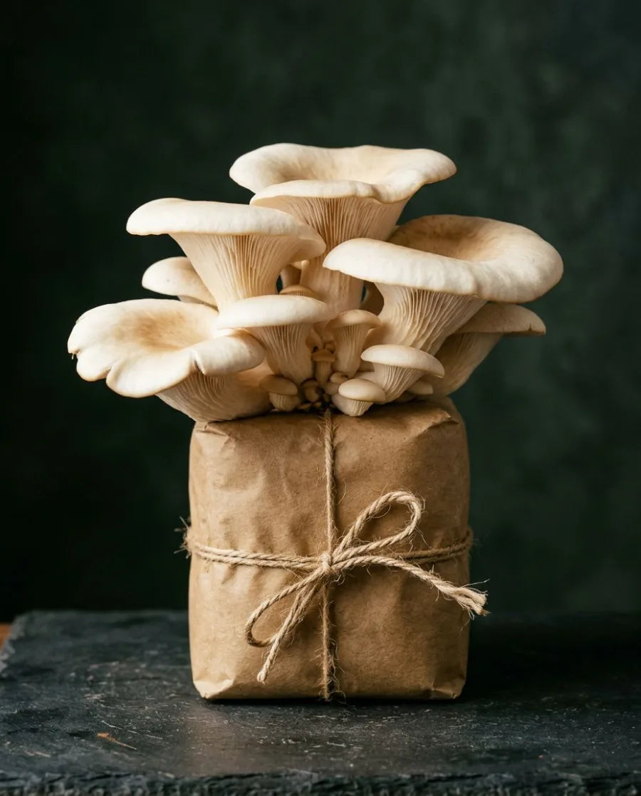 Warm White Oyster mushrooms growing from a kraft substrate block