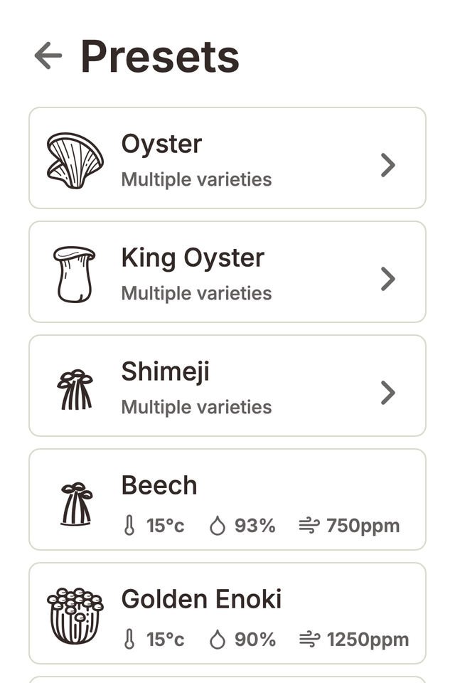 Flush unit display showing the Basic mode presets screen with a list of mushroom species presets to choose from