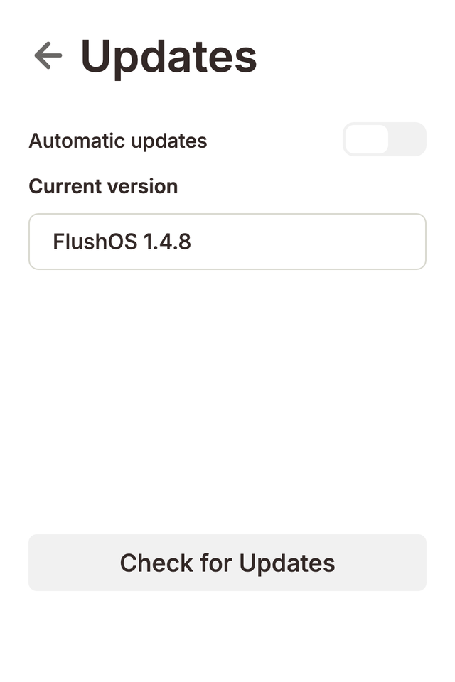 The Updates screen on a Flush unit, showing the current software version with an Install button for the available software update
